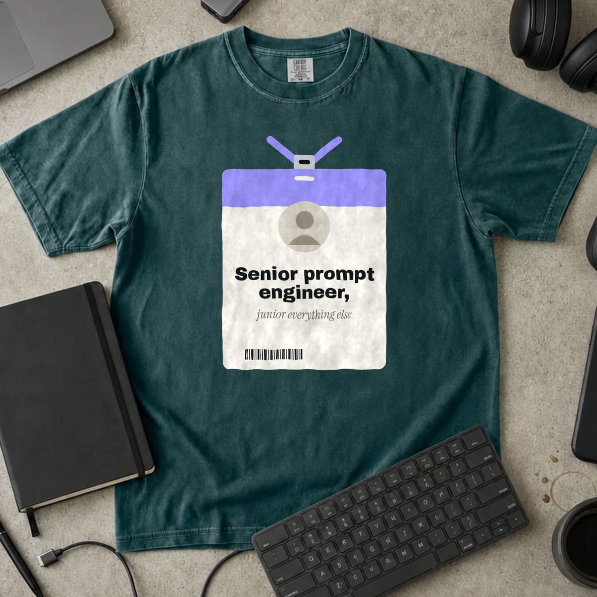Senior Prompt Engineer Junior Everything Else Shirt — Blue Spruce Comfort Colors 1717 flat lay