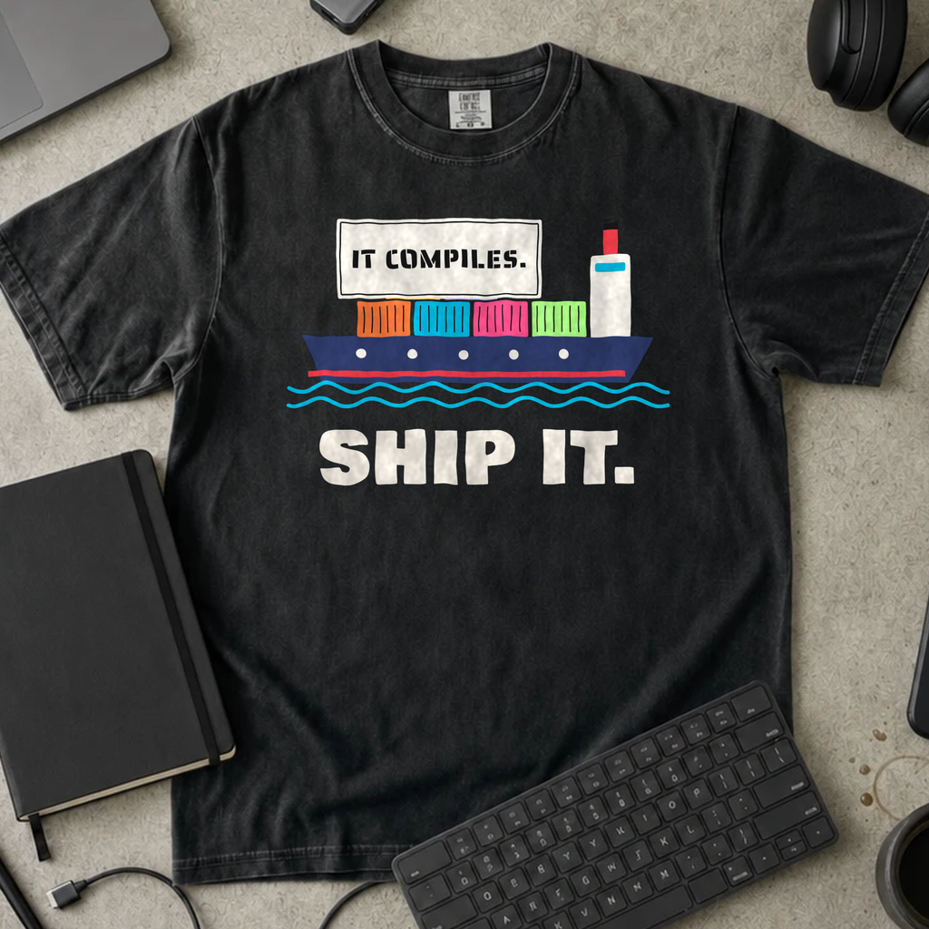 It Compiles Ship It Shirt — Black Comfort Colors 1717 flat lay