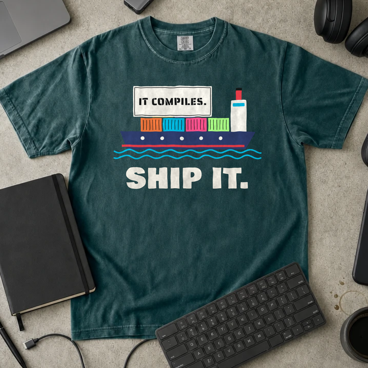 It Compiles Ship It Shirt — Blue Spruce Comfort Colors 1717 flat lay