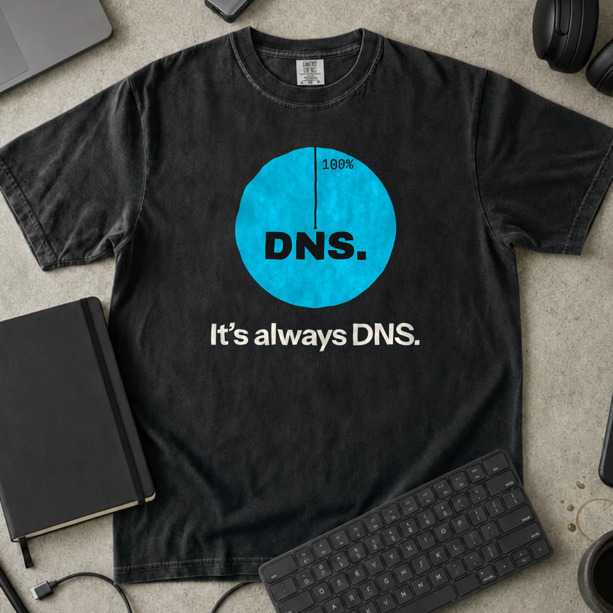 It's Always DNS Shirt — Black Comfort Colors 1717 flat lay