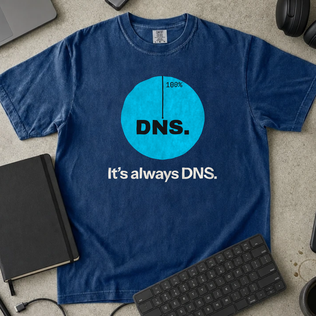 It's Always DNS Shirt — True Navy Comfort Colors 1717 flat lay
