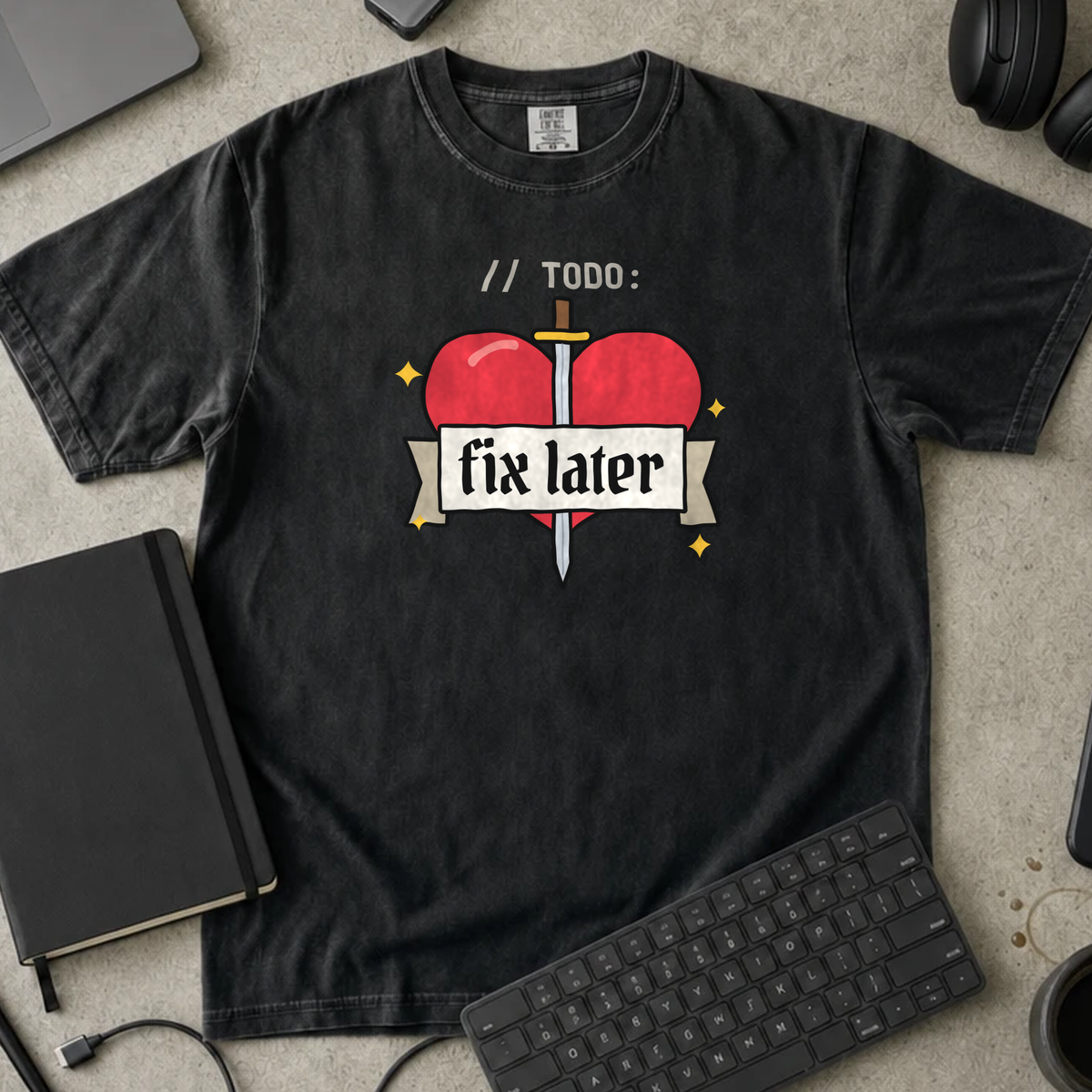 TODO Fix Later Shirt — Black Comfort Colors 1717 flat lay