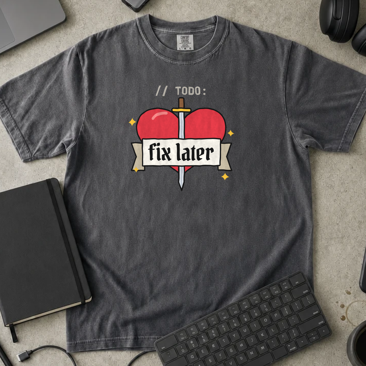 TODO Fix Later Shirt — Pepper Comfort Colors 1717 flat lay