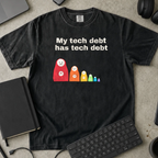 My Tech Debt Has Tech Debt Shirt — Black Comfort Colors 1717 flat lay