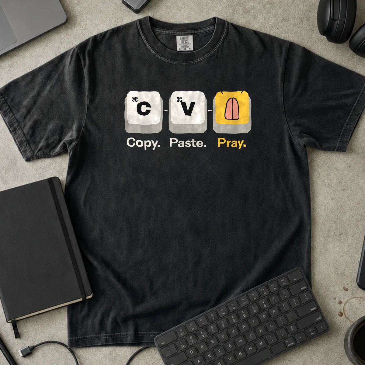 Copy Paste Pray Shirt — Black Comfort Colors 1717 flat lay