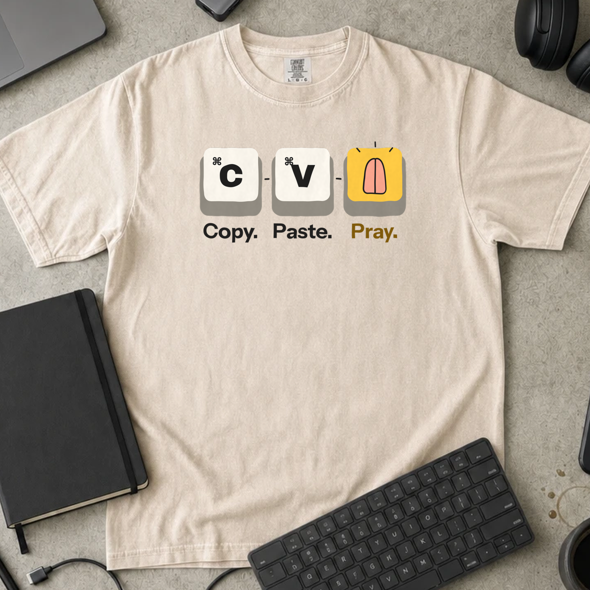 Copy Paste Pray Shirt — Ivory Comfort Colors 1717 flat lay