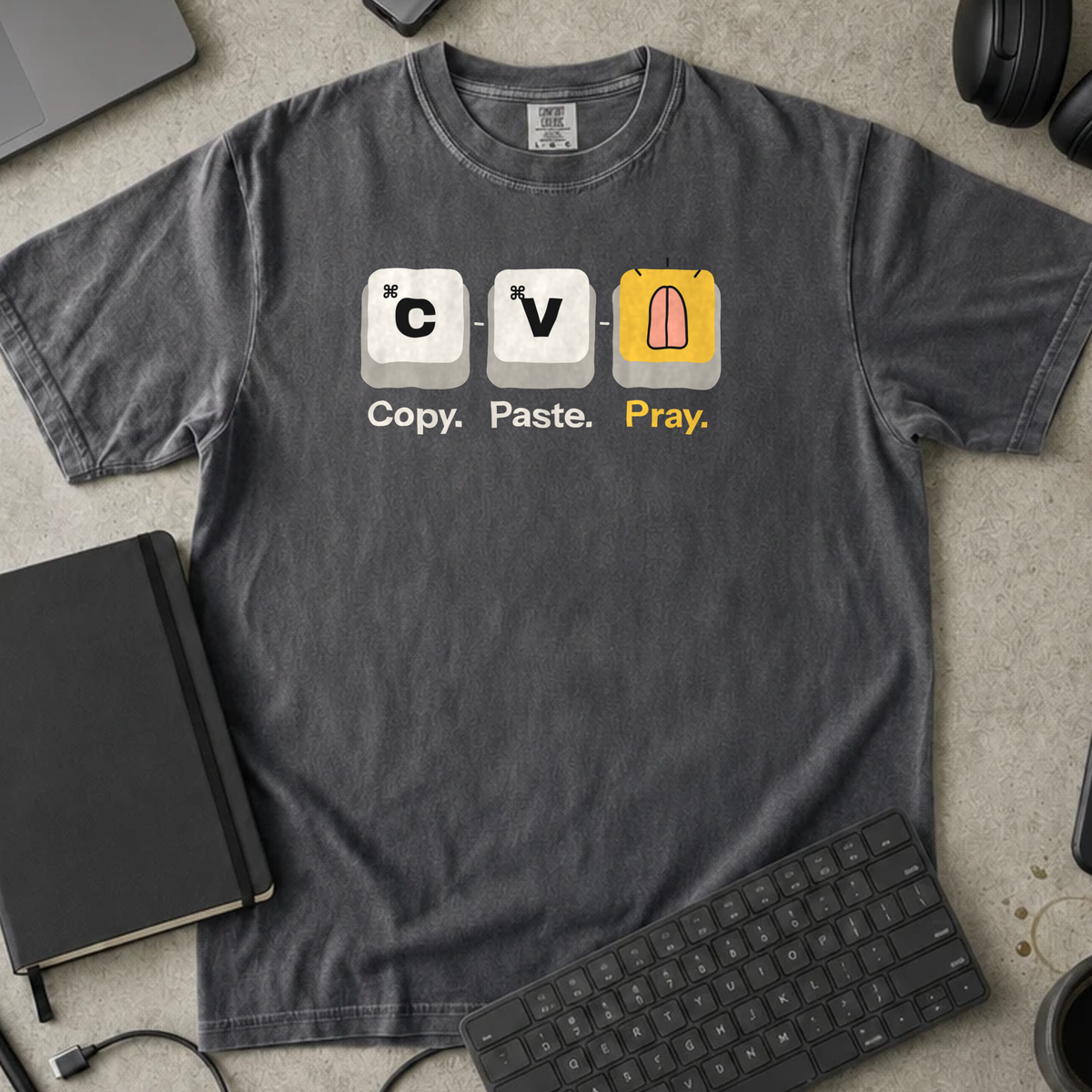 Copy Paste Pray Shirt — Pepper Comfort Colors 1717 flat lay