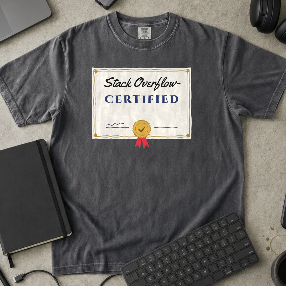 Forum Certified Programmer Shirt — Pepper Comfort Colors 1717 flat lay