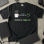 Coffee In Bugs Out Shirt — Black Comfort Colors 1717 flat lay
