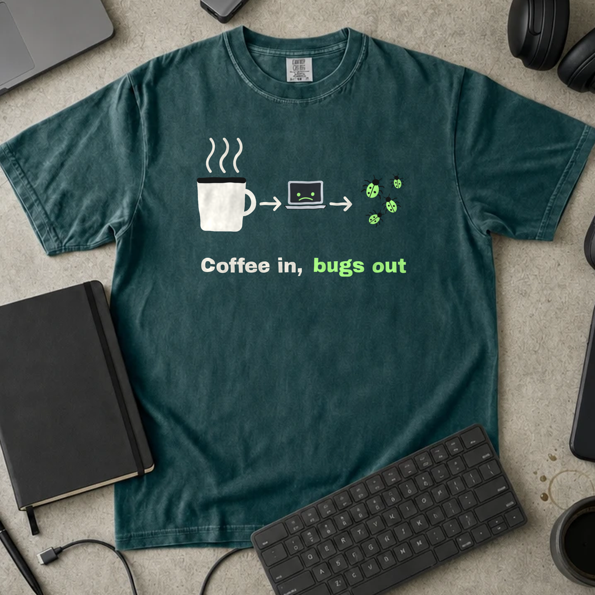 Coffee In Bugs Out Shirt — Blue Spruce Comfort Colors 1717 flat lay