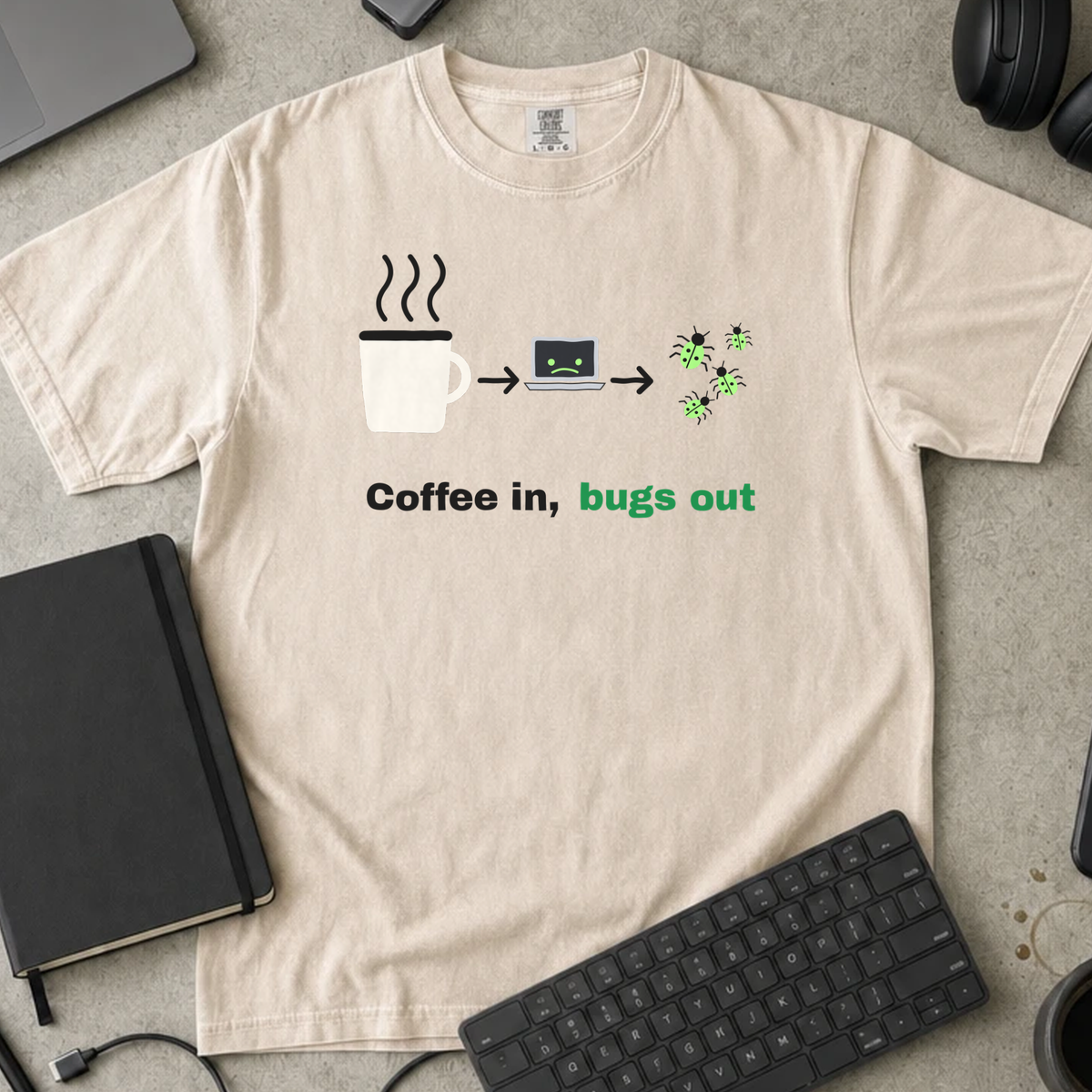 Coffee In Bugs Out Shirt — Ivory Comfort Colors 1717 flat lay