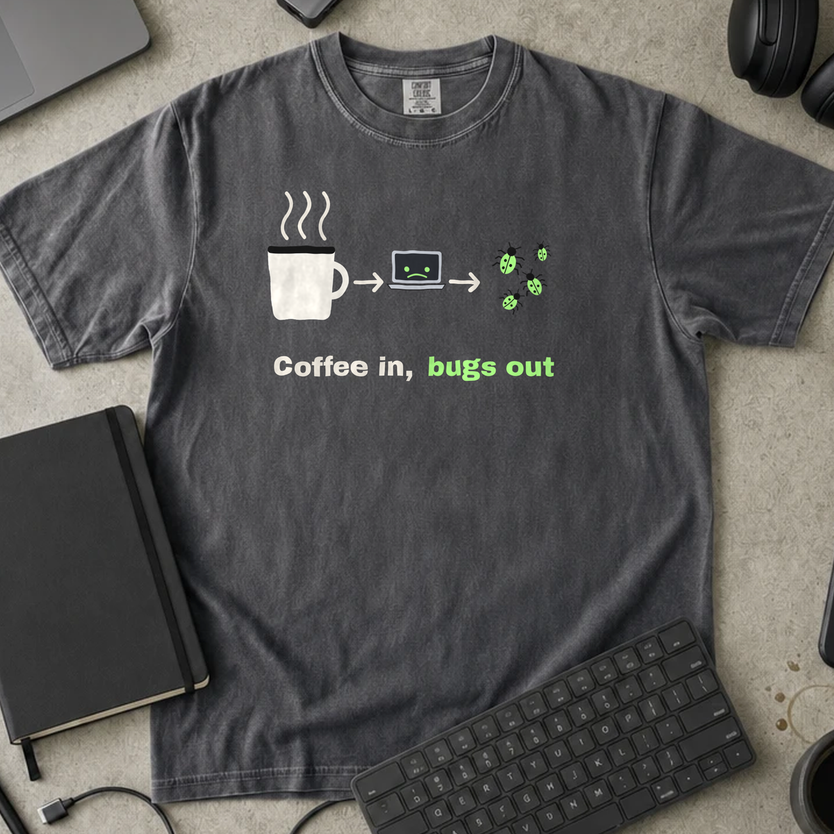 Coffee In Bugs Out Shirt — Pepper Comfort Colors 1717 flat lay