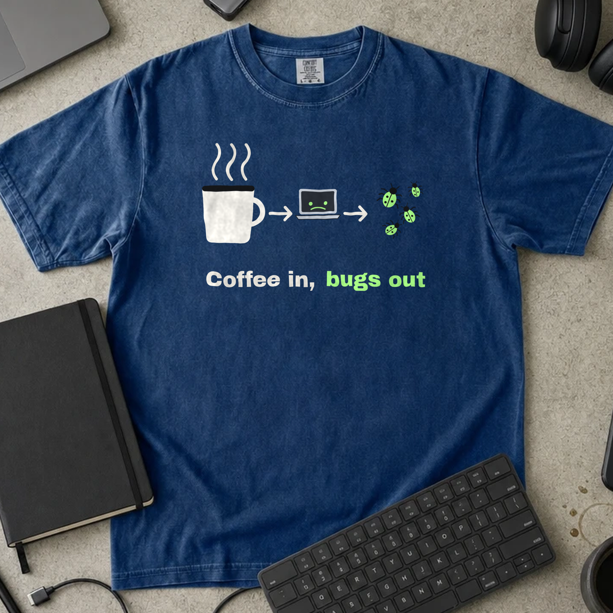 Coffee In Bugs Out Shirt — True Navy Comfort Colors 1717 flat lay