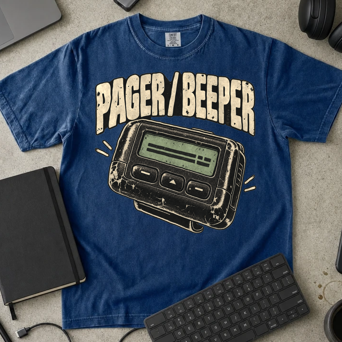 Pager Beeper Shirt — True Navy Comfort Colors 1717 flat lay