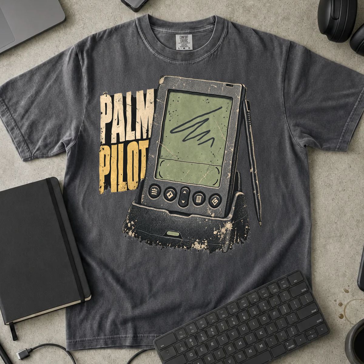 Palm Pilot Shirt — Pepper Comfort Colors 1717 flat lay