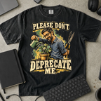 Please Don't Deprecate Me Shirt — Black Comfort Colors 1717 flat lay