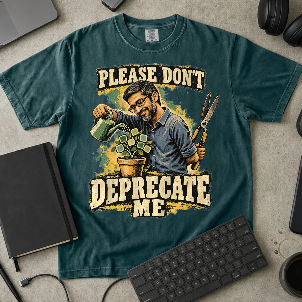 Please Don't Deprecate Me Shirt — Blue Spruce Comfort Colors 1717 flat lay