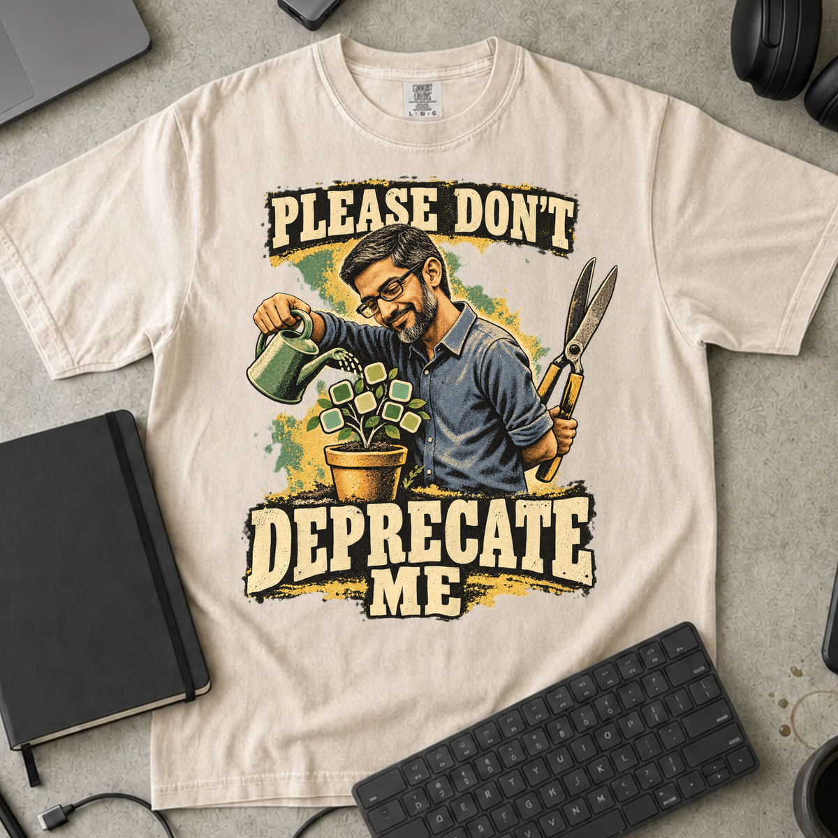 Please Don't Deprecate Me Shirt — Ivory Comfort Colors 1717 flat lay