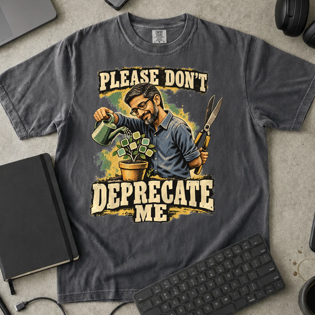 Please Don't Deprecate Me Shirt — Pepper Comfort Colors 1717 flat lay
