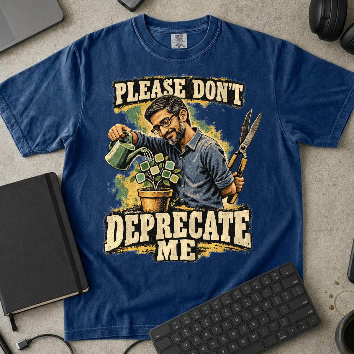 Please Don't Deprecate Me Shirt — True Navy Comfort Colors 1717 flat lay