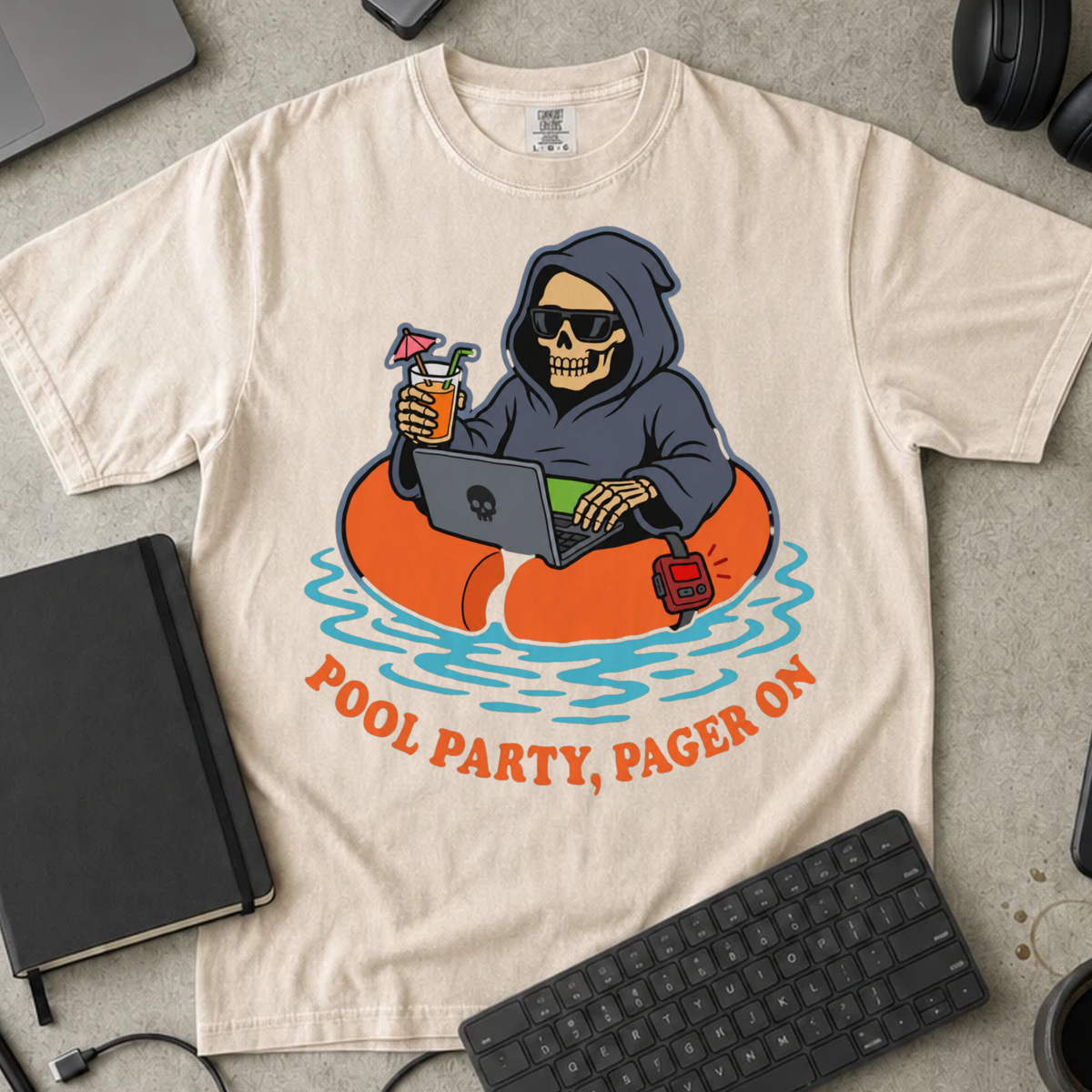 Pool Party Pager On Shirt — Ivory Comfort Colors 1717 flat lay