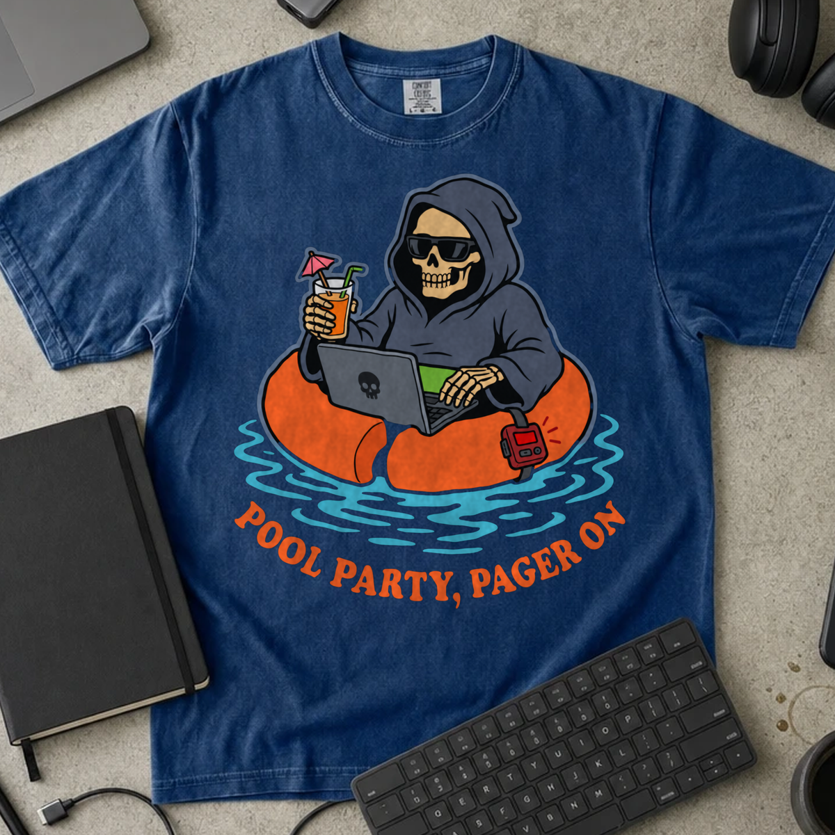 Pool Party Pager On Shirt — True Navy Comfort Colors 1717 flat lay