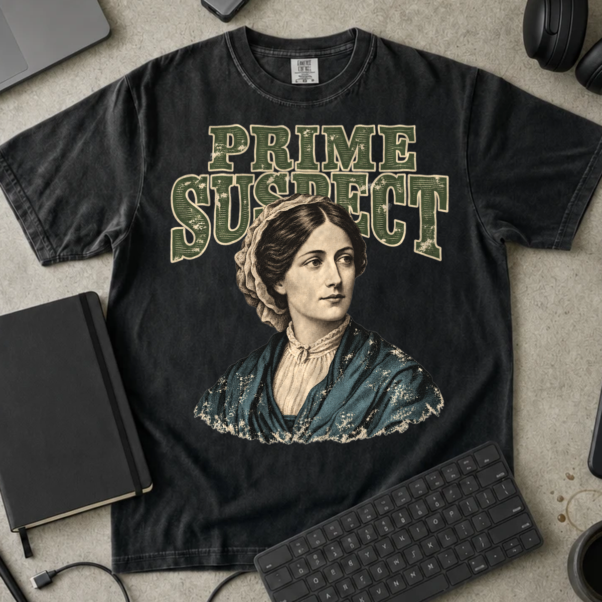 Prime Suspect Shirt — Black Comfort Colors 1717 flat lay