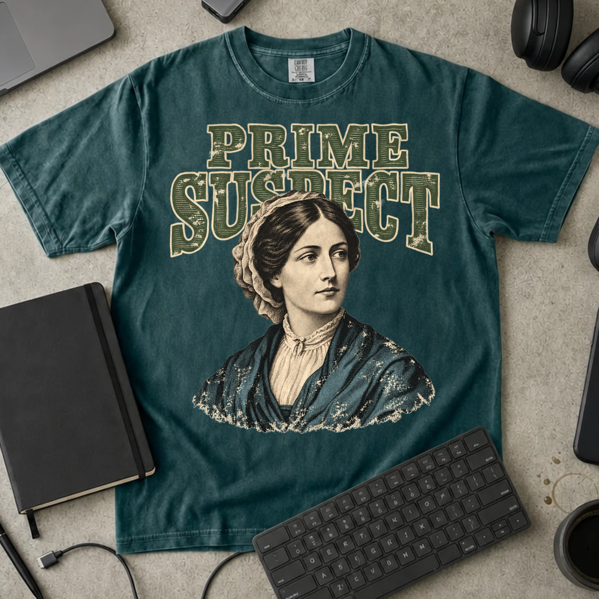 Prime Suspect Shirt — Blue Spruce Comfort Colors 1717 flat lay