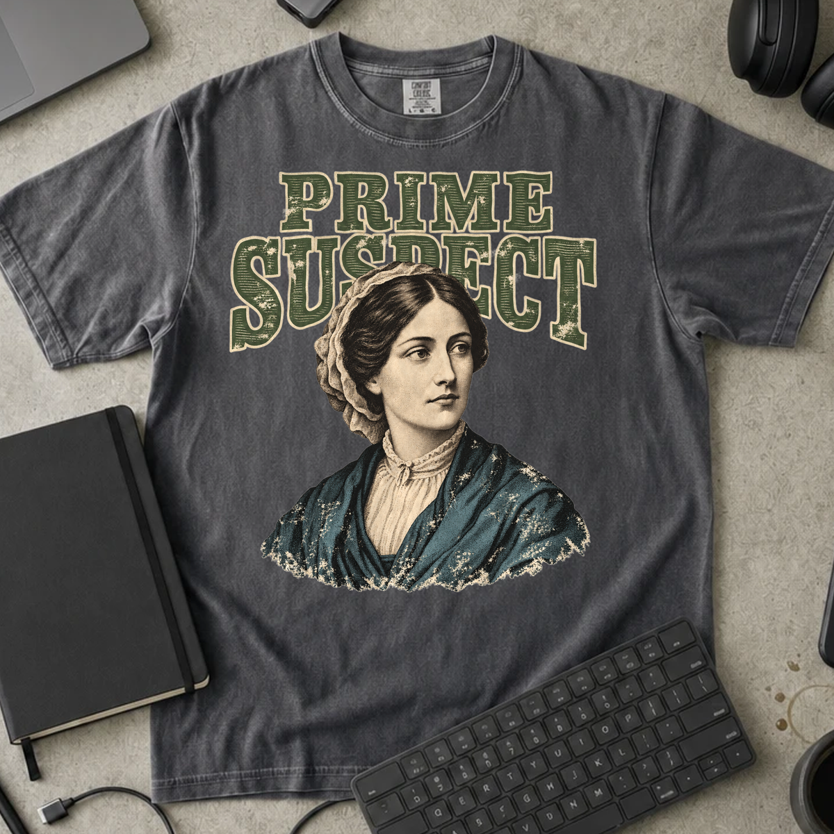 Prime Suspect Shirt — Pepper Comfort Colors 1717 flat lay