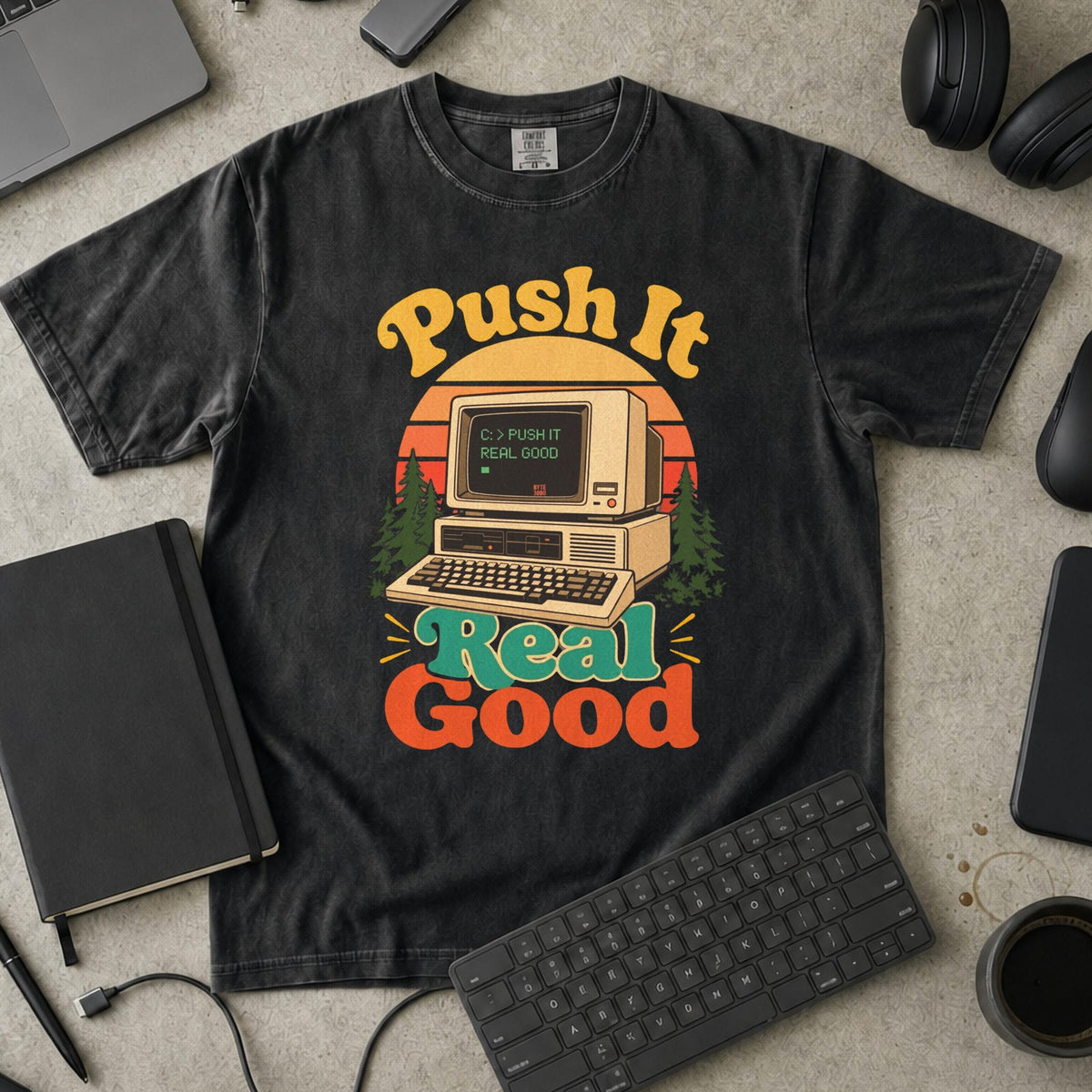 Push It Real Good Retro Premium Shirt — black Premium Shirt mock-up