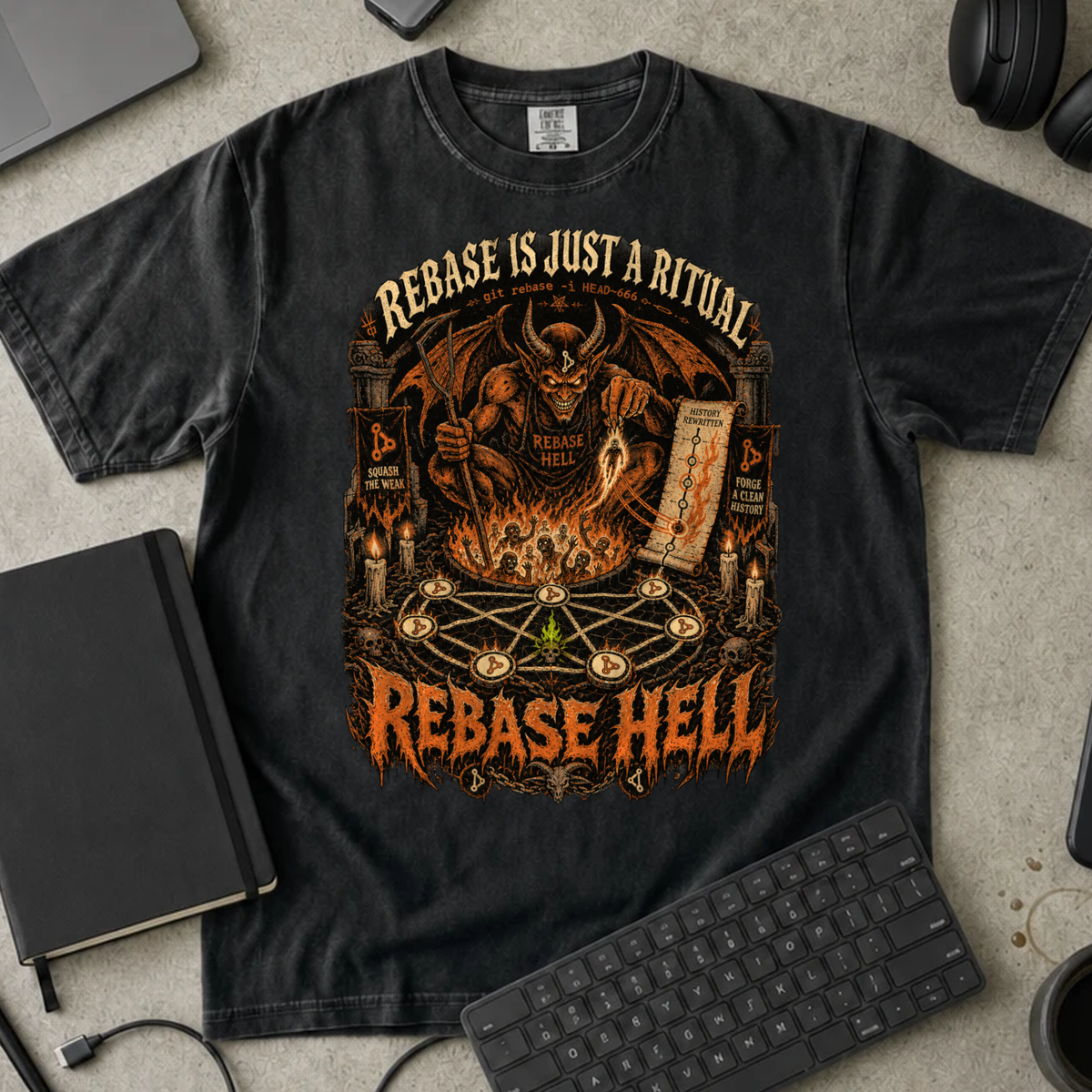 Rebase Hell Shirt — Black Comfort Colors 1717 flat lay