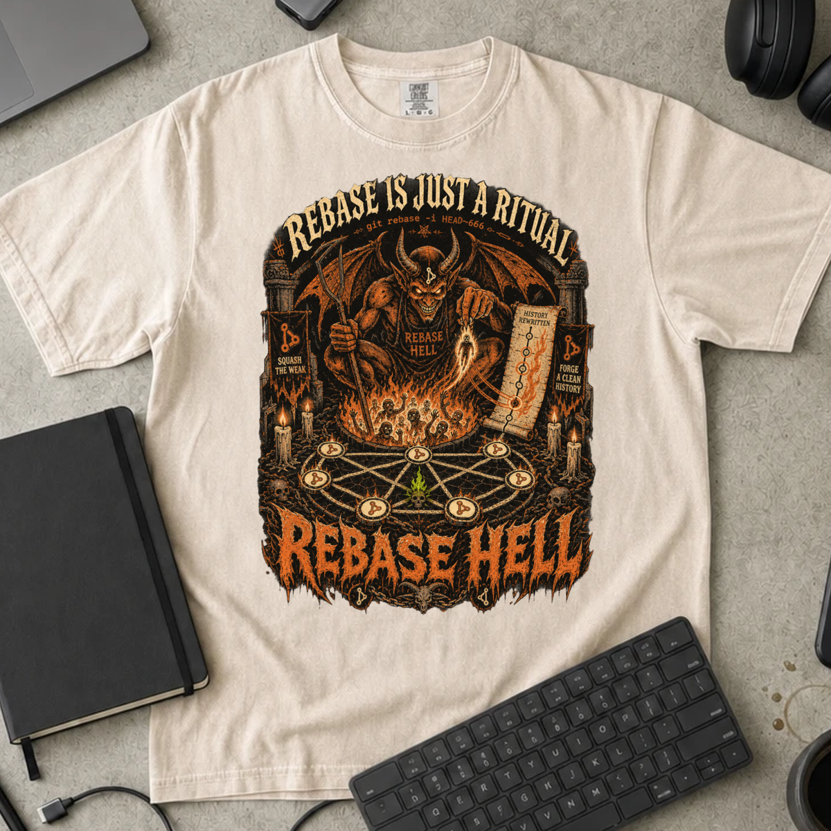 Rebase Hell Shirt — Ivory Comfort Colors 1717 flat lay