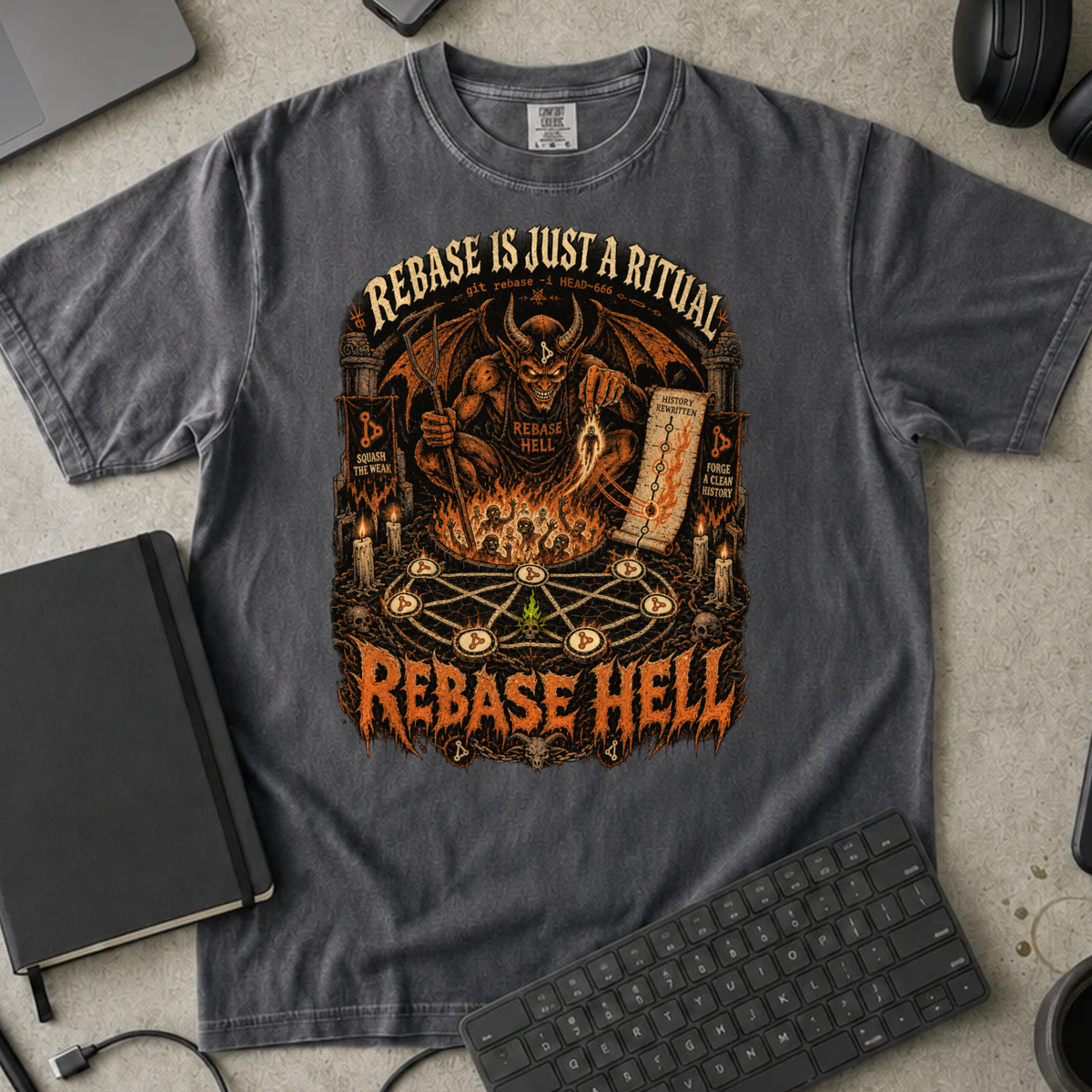 Rebase Hell Shirt — Pepper Comfort Colors 1717 flat lay
