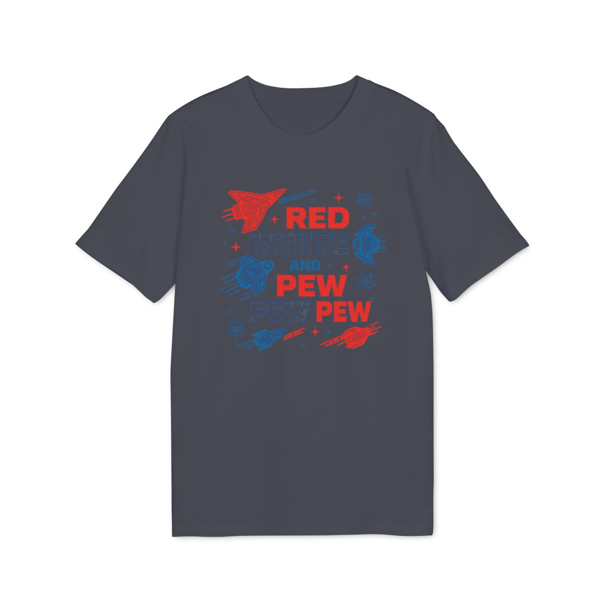 Red White and Pew Pew Pew Shirt — India Ink Grey — EU Creator 2.0 front mockup