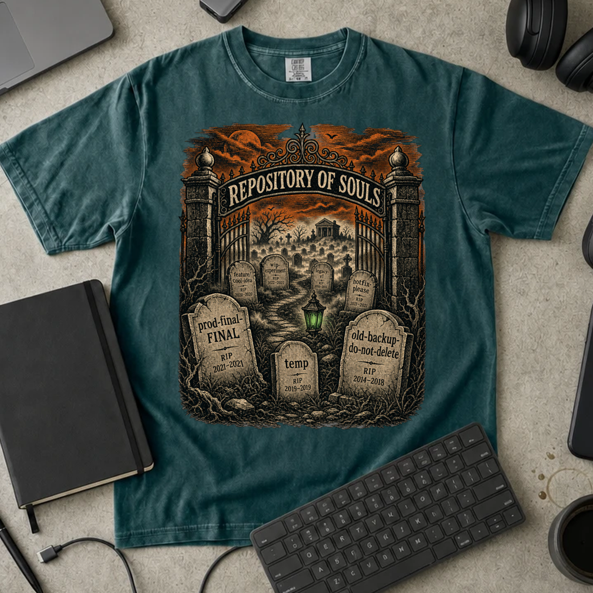 Repository of Souls Shirt — Blue Spruce Comfort Colors 1717 flat lay