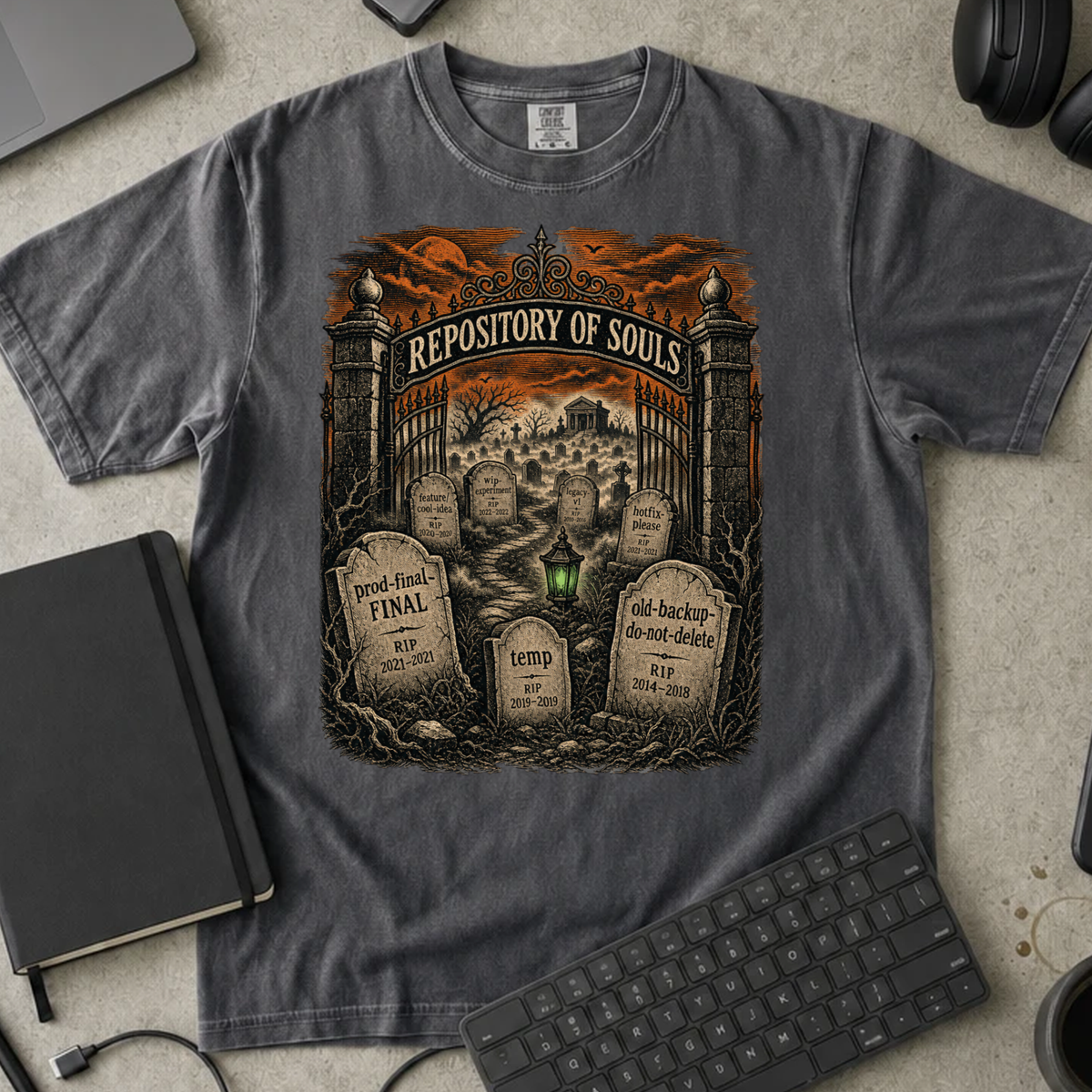 Repository of Souls Shirt — Pepper Comfort Colors 1717 flat lay