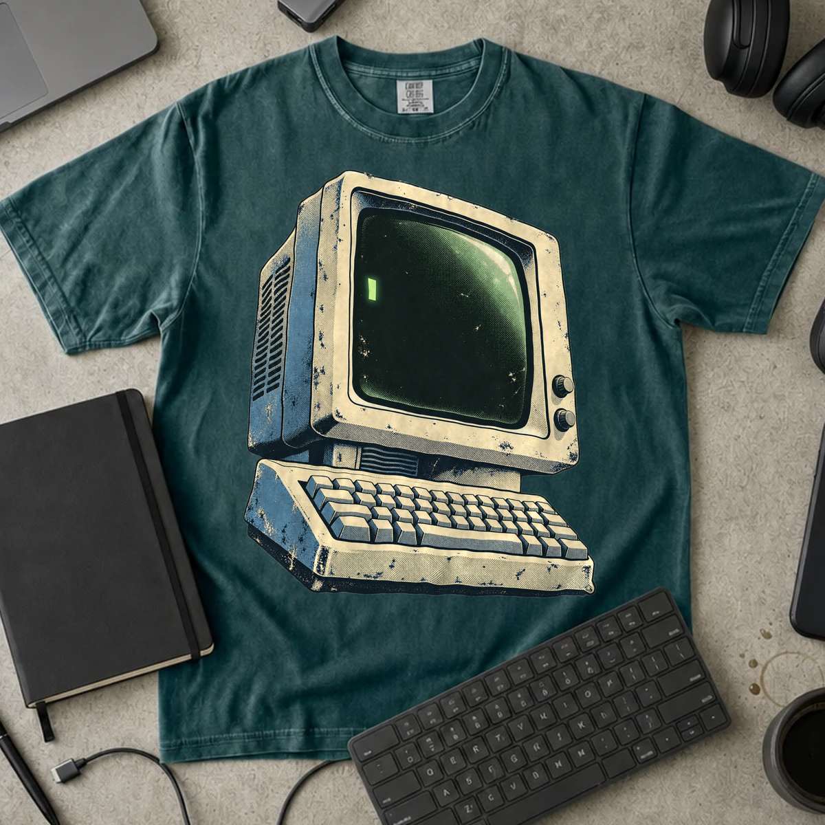 Retro Computer Shirt — Blue Spruce Comfort Colors 1717 flat lay