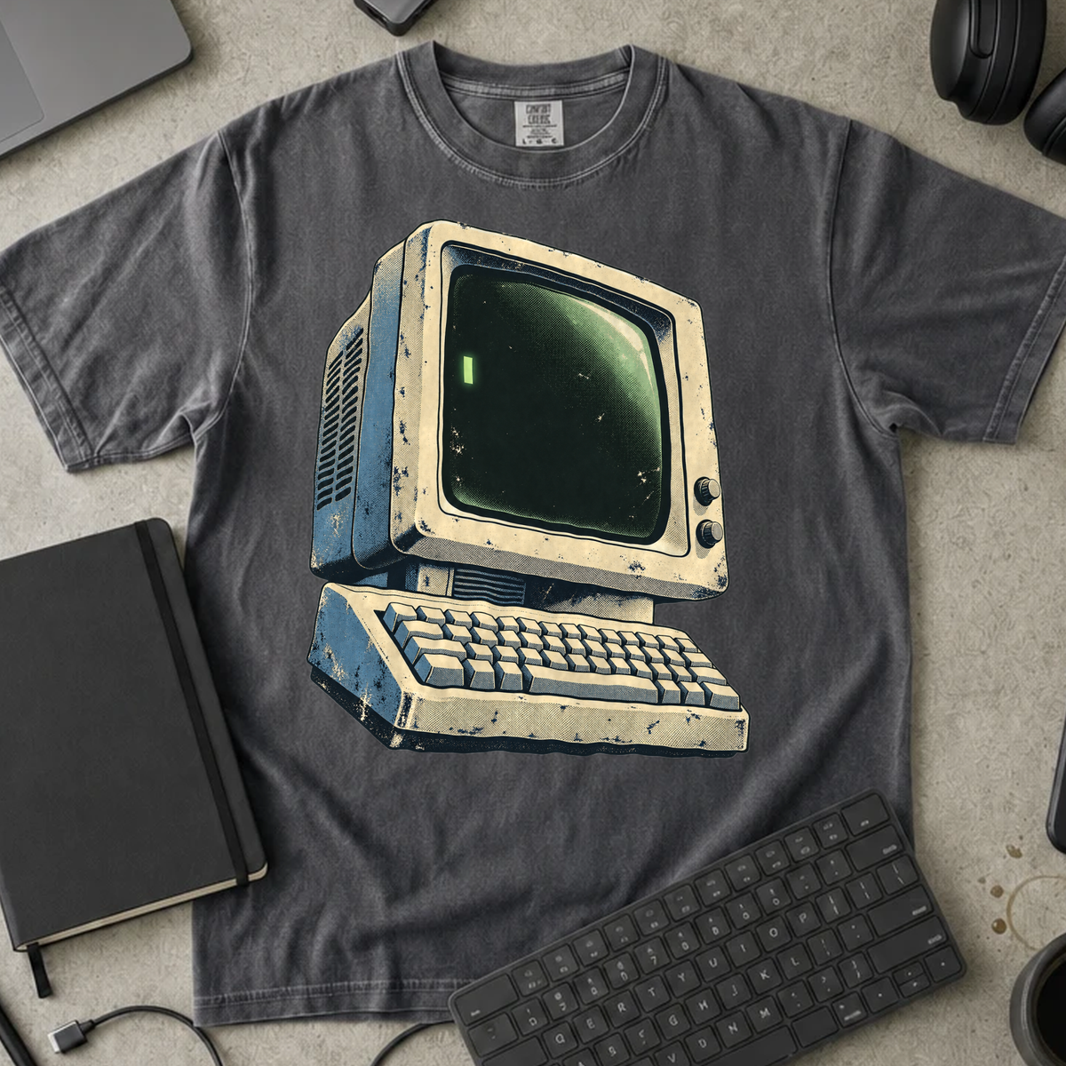 Retro Computer Shirt — Pepper Comfort Colors 1717 flat lay
