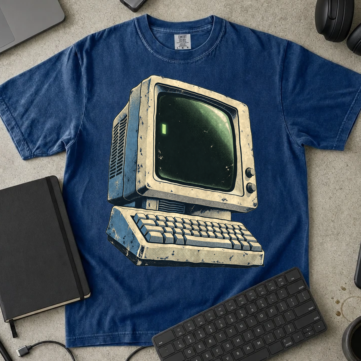 Retro Computer Shirt — True Navy Comfort Colors 1717 flat lay