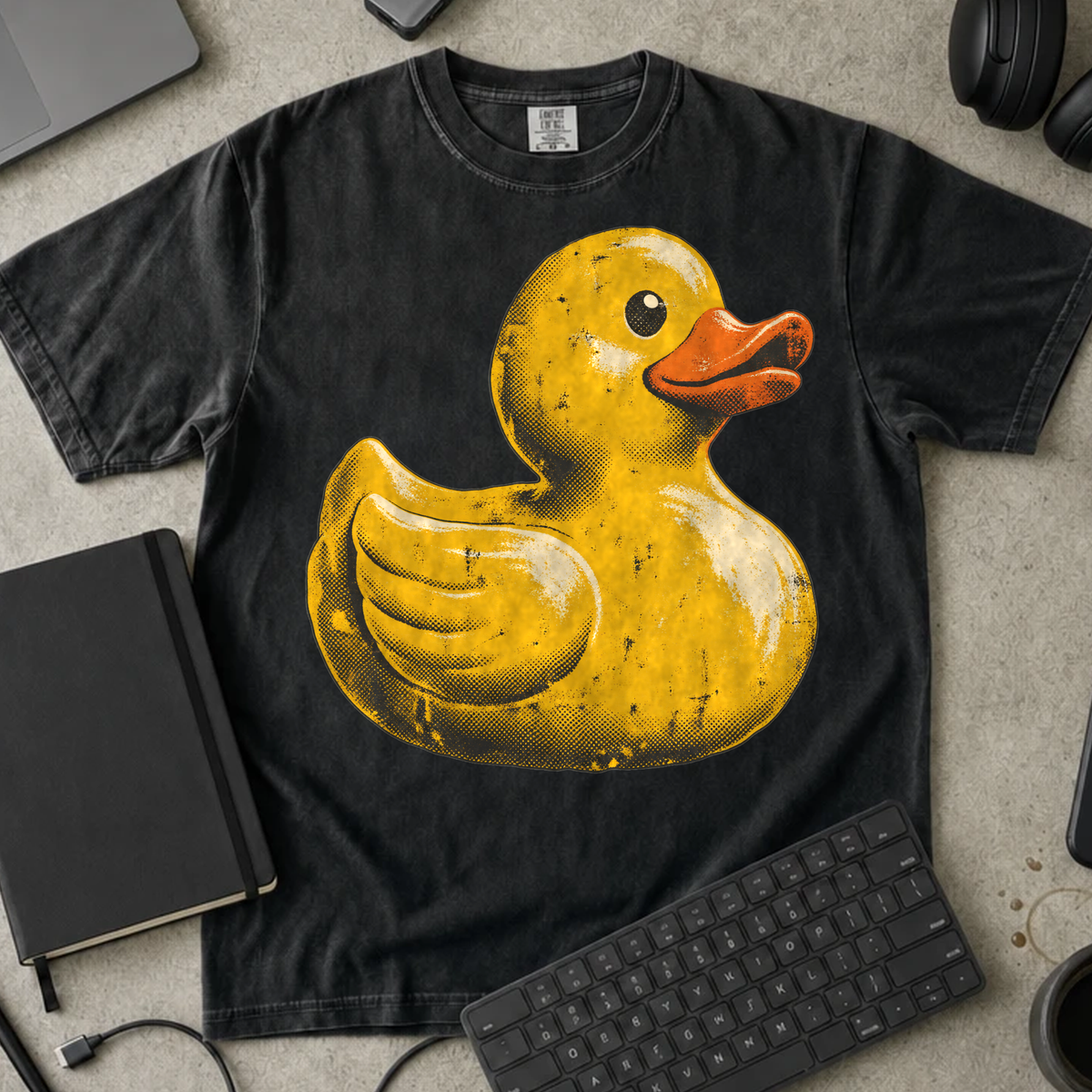 Rubber Duck Shirt — Black Comfort Colors 1717 flat lay