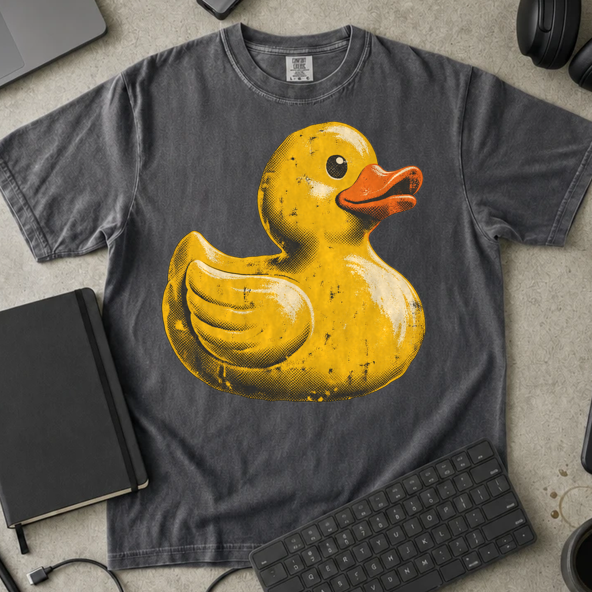 Rubber Duck Shirt — Pepper Comfort Colors 1717 flat lay