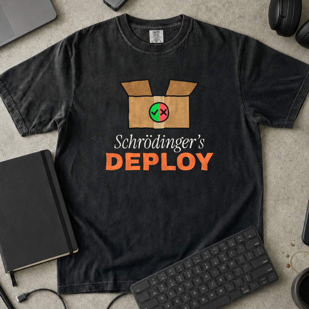 Schrödinger's Deploy Shirt — Black Comfort Colors 1717 flat lay