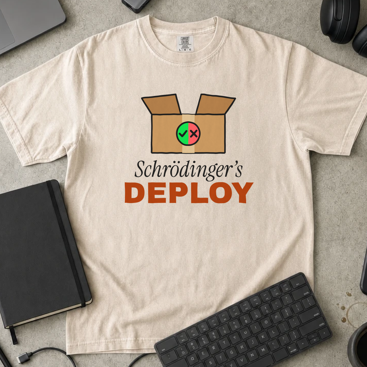 Schrödinger's Deploy Shirt — Ivory Comfort Colors 1717 flat lay