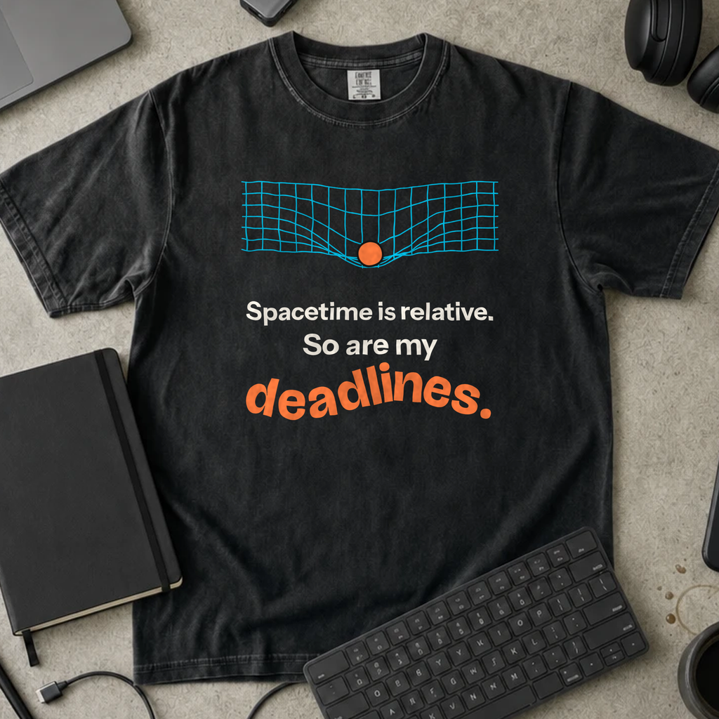 Spacetime Is Relative So Are My Deadlines Shirt — Black Comfort Colors 1717 flat lay