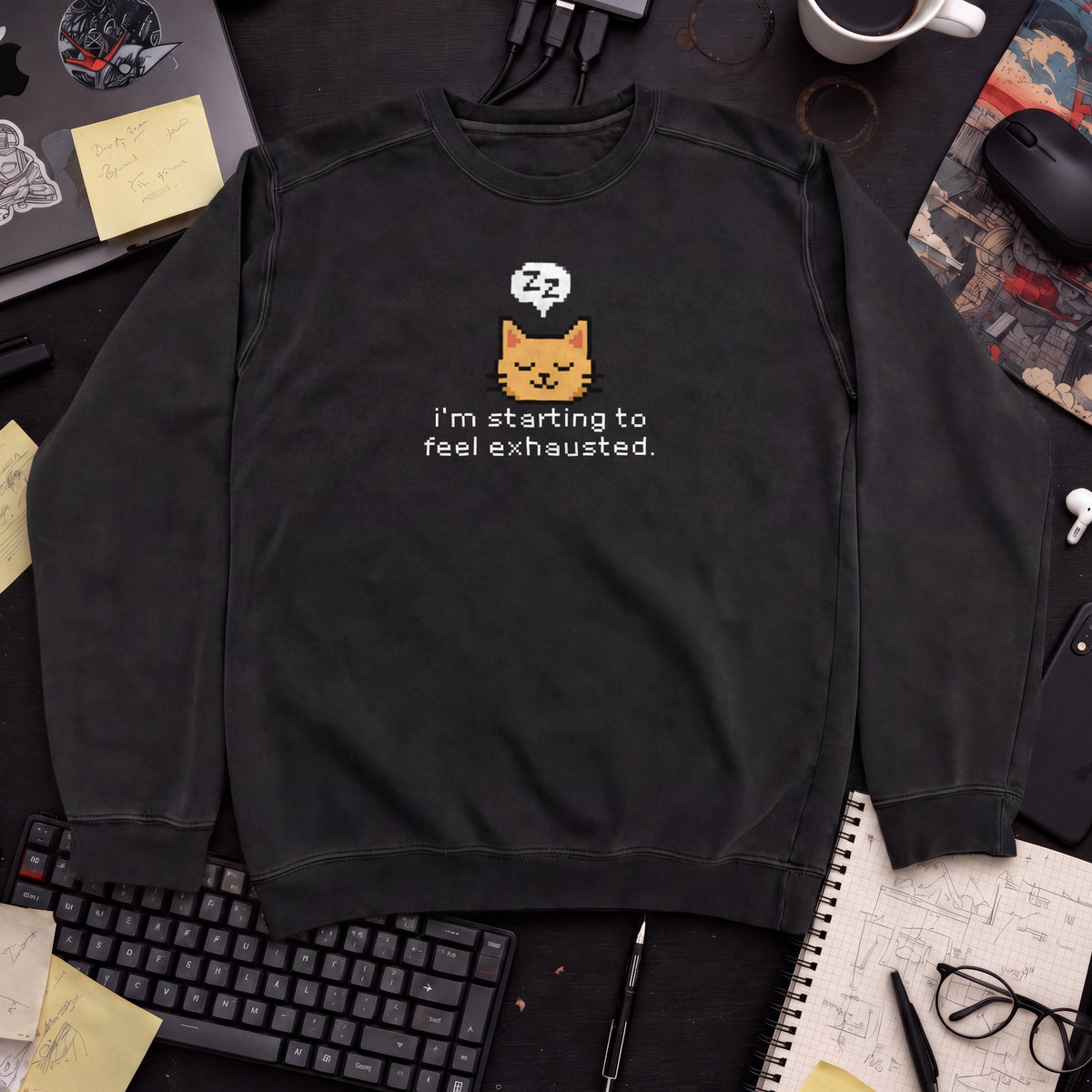 Starting To Feel Exhausted Cat Sweatshirt — Black