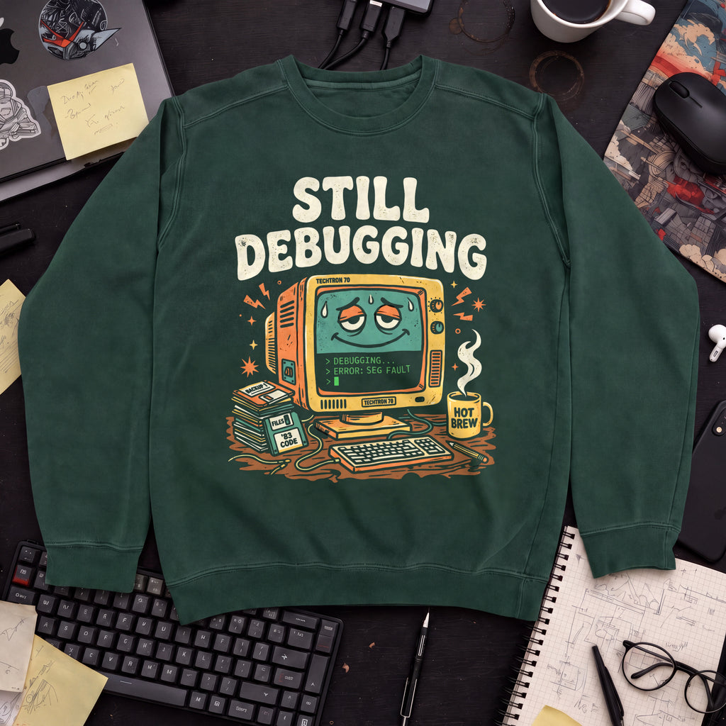Still Debugging And Caffeinated Sweatshirt — Bottle Green