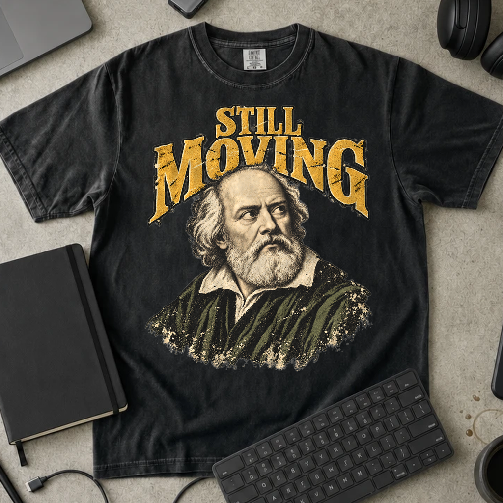 Still Moving Shirt — Black Comfort Colors 1717 flat lay