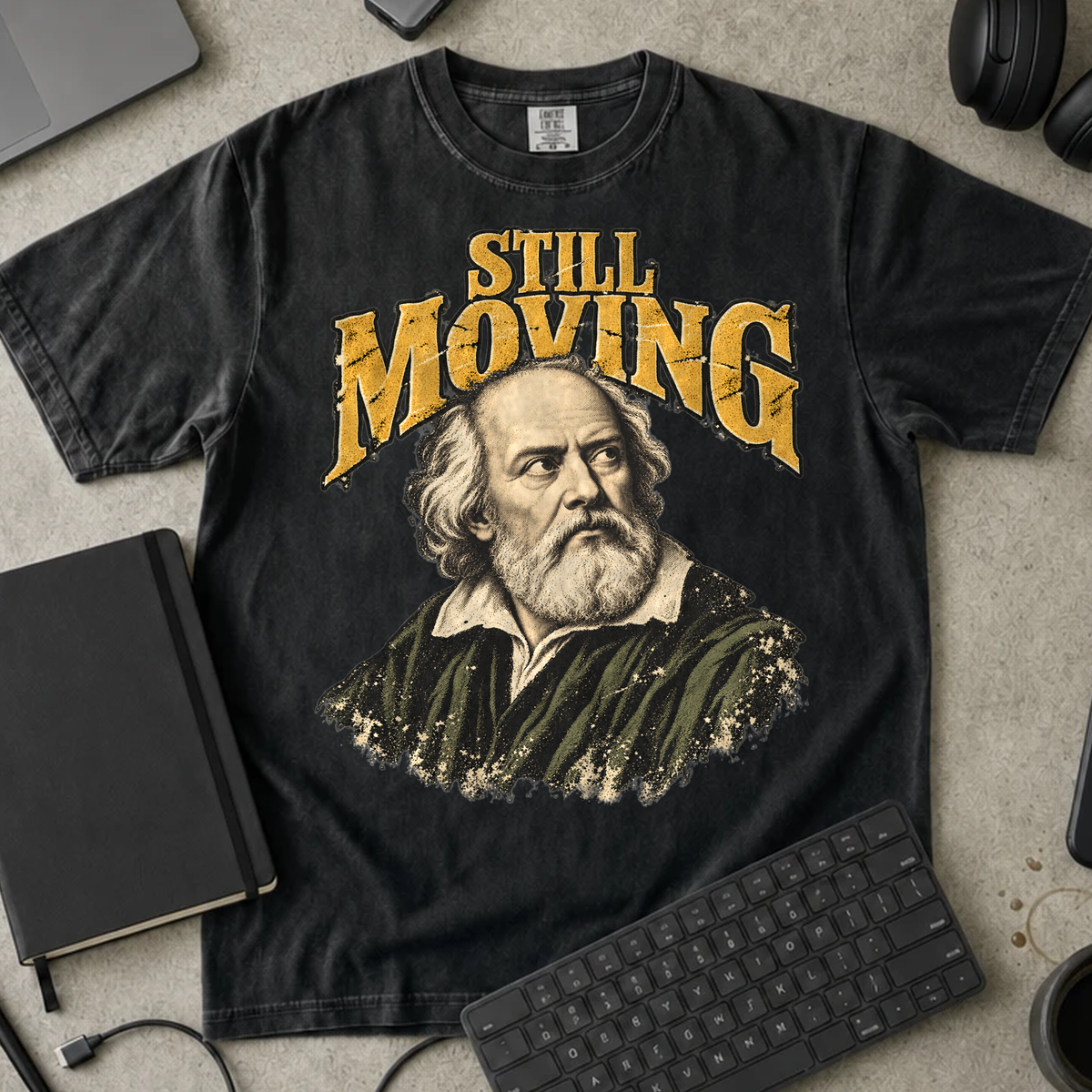 Still Moving Shirt — Black Comfort Colors 1717 flat lay