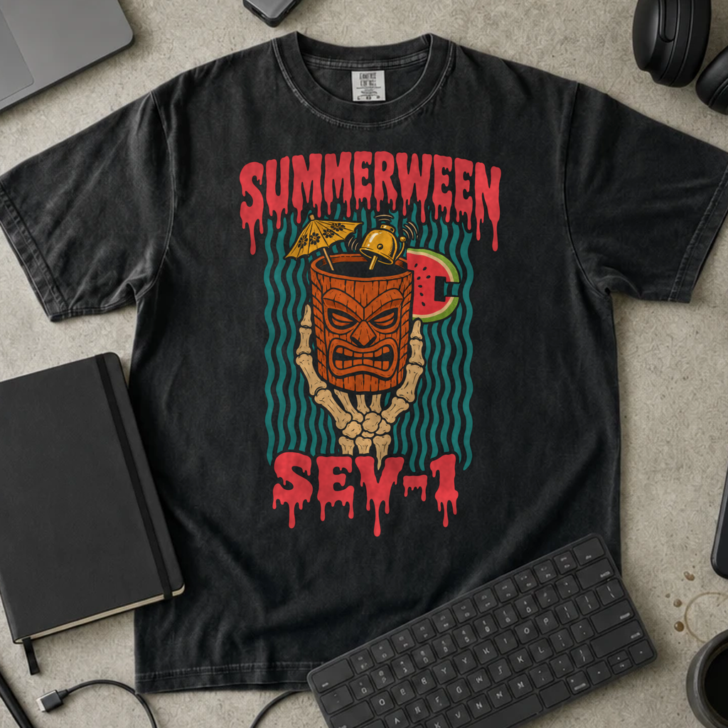 Summerween Sev-1 Shirt — Black Comfort Colors 1717 flat lay