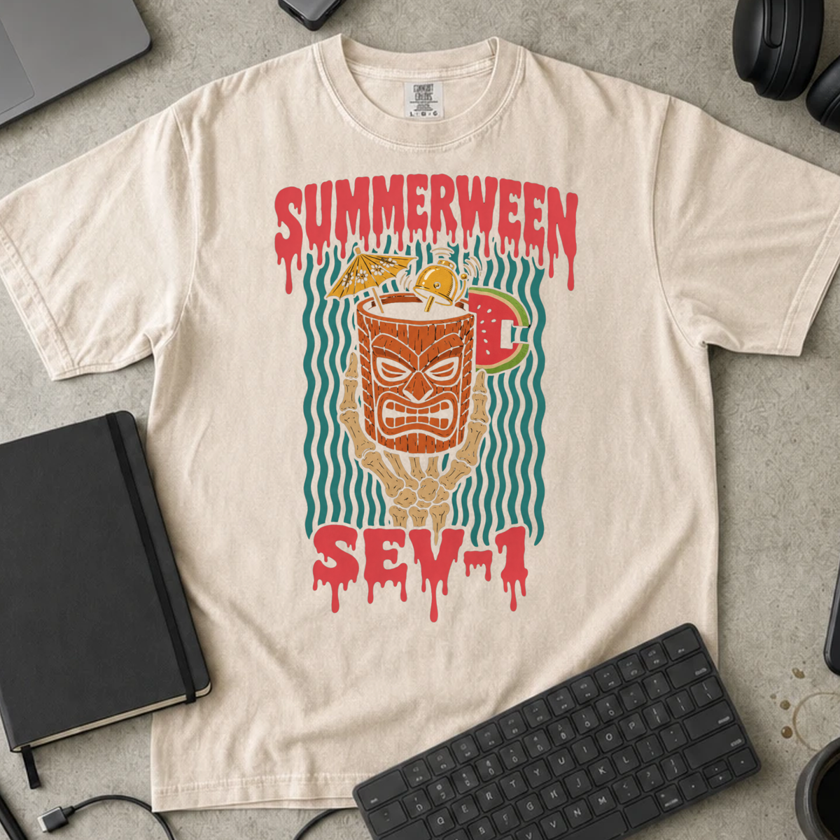 Summerween Sev-1 Shirt — Ivory Comfort Colors 1717 flat lay